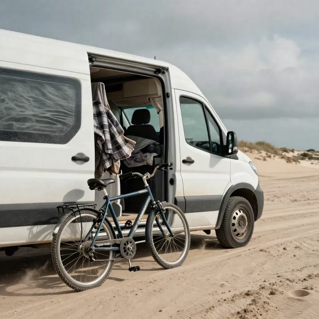 Fourgon blanc sur piste de sable, porte ouverte, vélos et plaid battus par le vent sous des dunes.