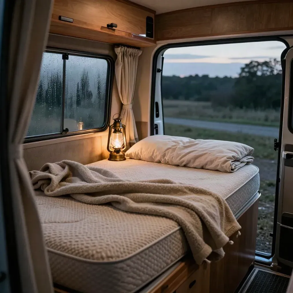 Coin nuit d’un van aménagé avec matelas, couverture, lanterne éteinte et vitre embuée.