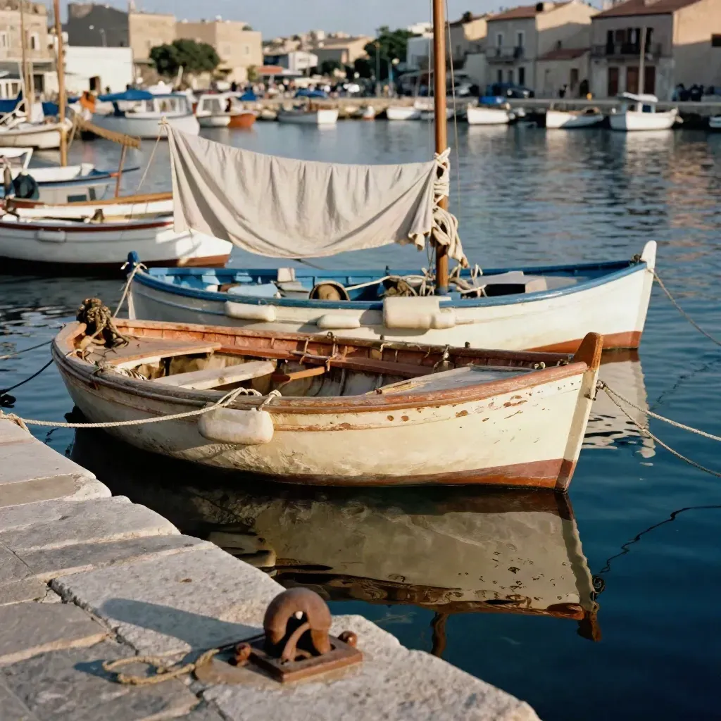 Petit port sicilien avec barques en bois, linge clair et mer calme au bord du quai.