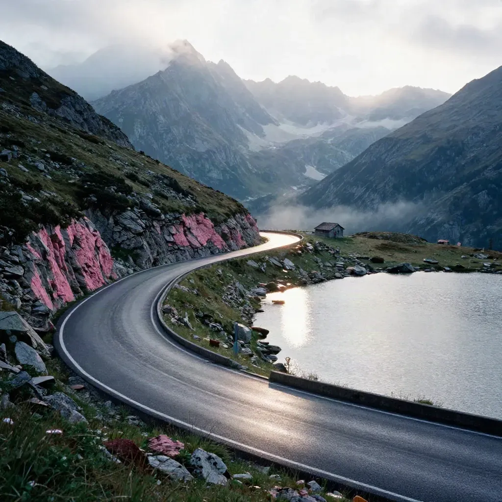 Route en lacets dans les Dolomites au lever du jour, lacs clairs et refuge au fond.