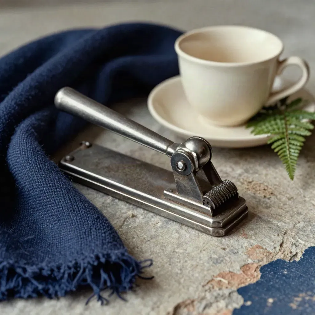 Composteur de billet de train en métal patiné avec écharpe, tasse et petite fougère.