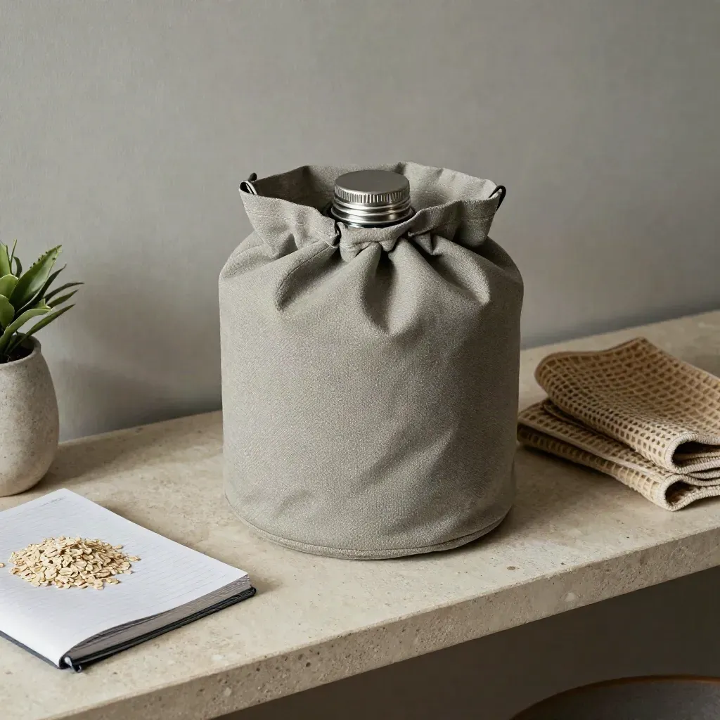 Réservoir d’eau pliable, carnet fermé, torchon gaufré et petite plante sur étagère en pierre.
